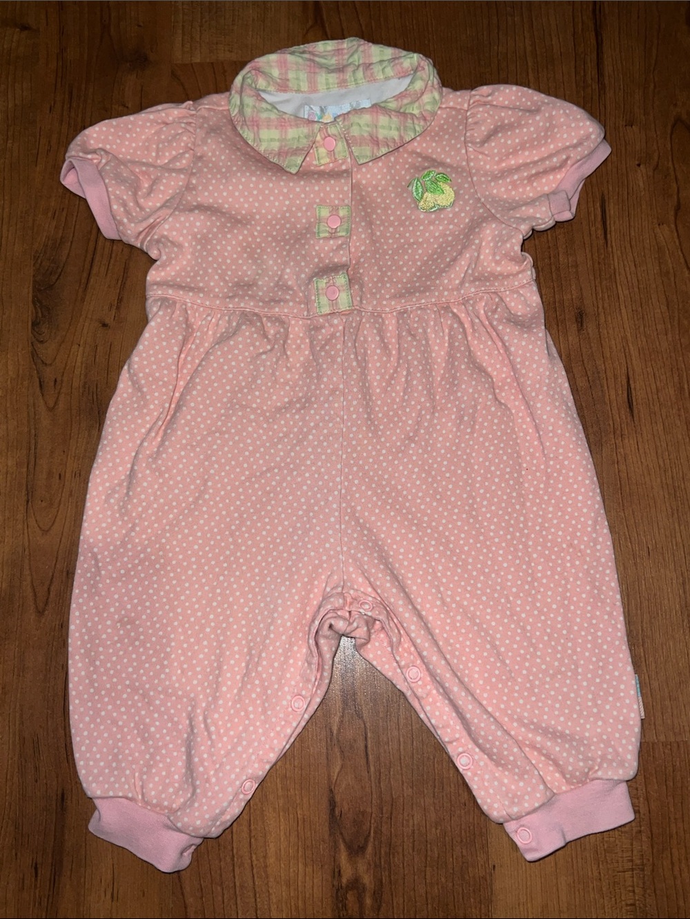 Vintage 🍋Lemon Embroidered Pink Polka Dot Infant Romper Pastel Plaid Collar 1998